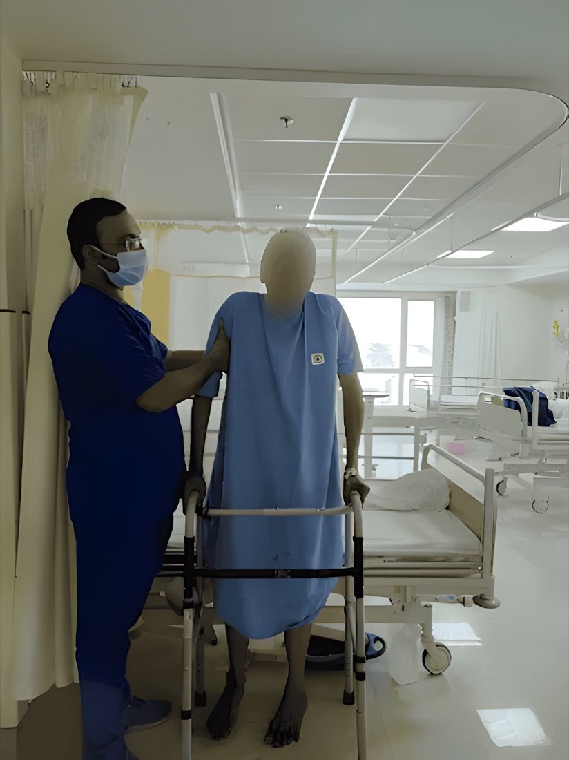 Physiotherapist guiding a patient walking with a walker frame at Physiotrix, Behala